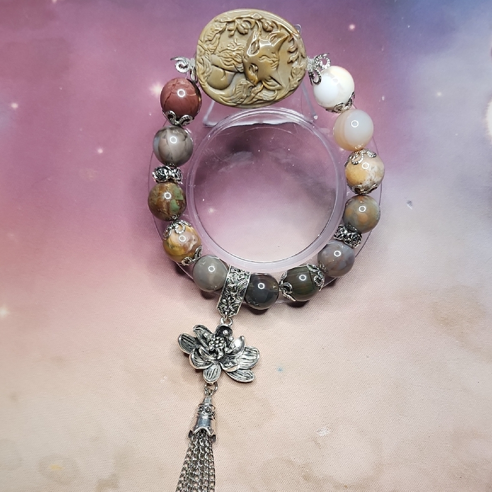 Silver and Brown Beaded Bracelet with Fox Charm